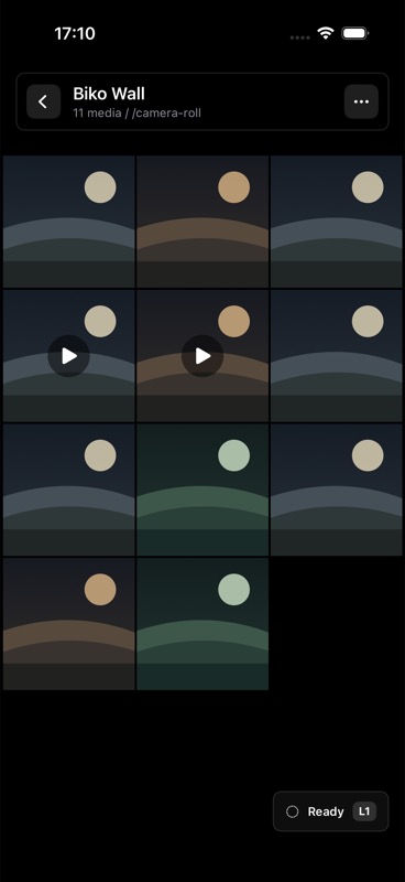 Biko album detail screen with clean mock photo thumbnails