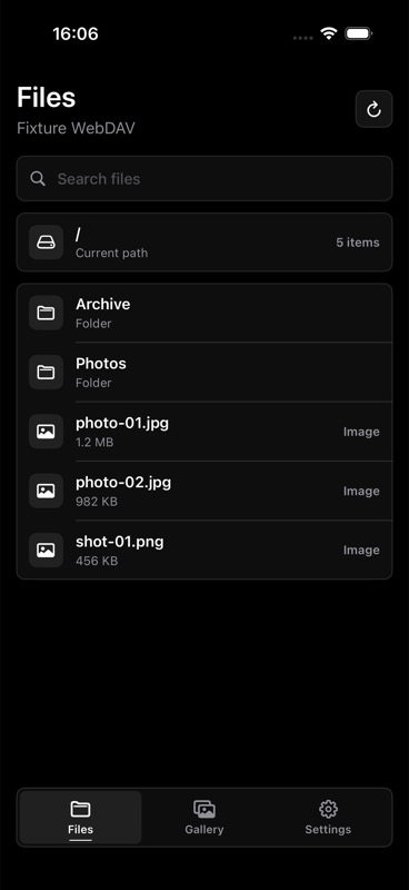 Biko Files screen showing a WebDAV folder list