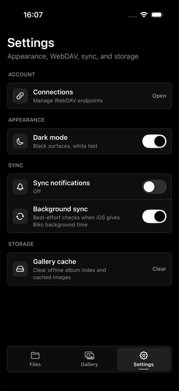 Biko Settings screen with sync controls